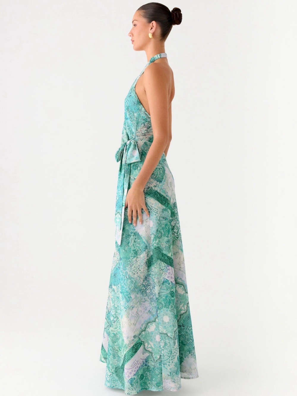 NWT Peppermayo Teal Green Paisley Patterned Halter Maxi Dress Open Back Size 4 - Picture 3 of 6